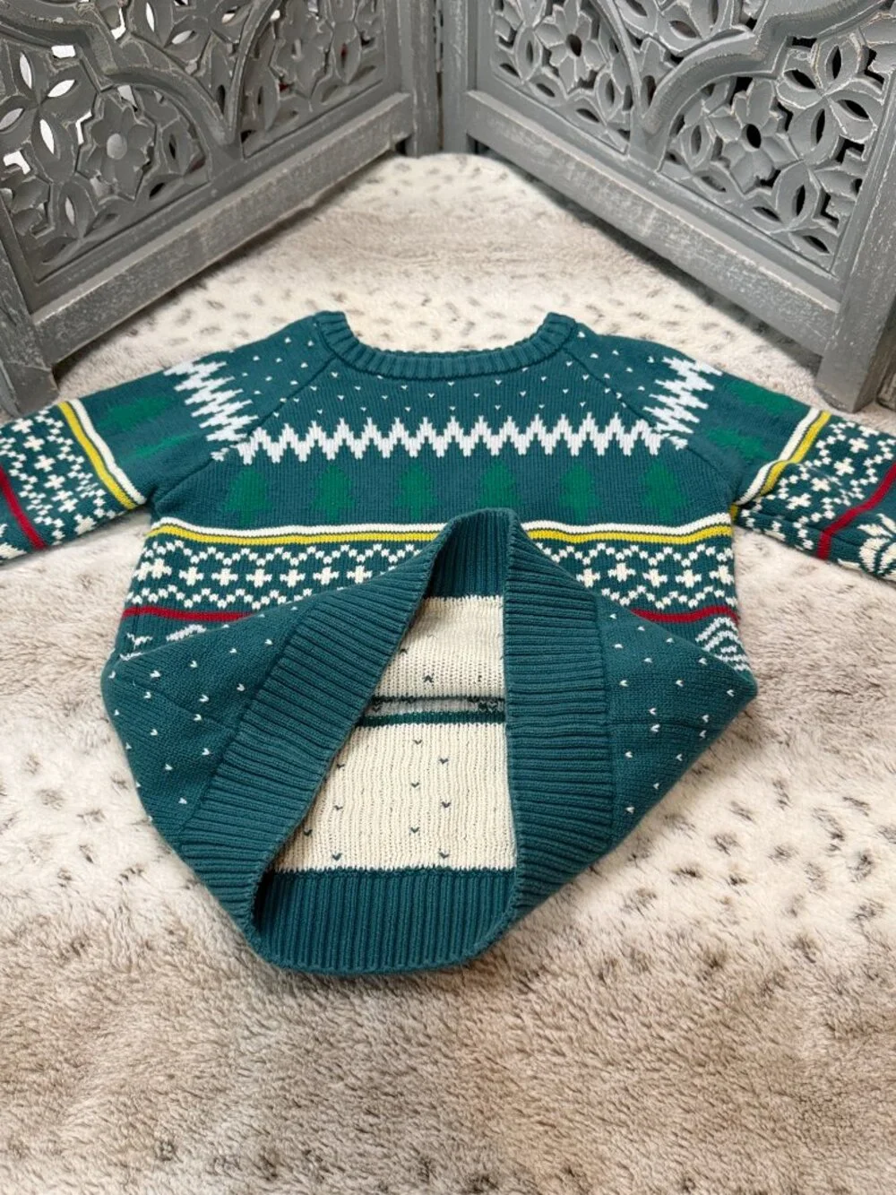 Hanna Andersson green Ugly Christmas Sweater boys 5T snowflakes trees winter
